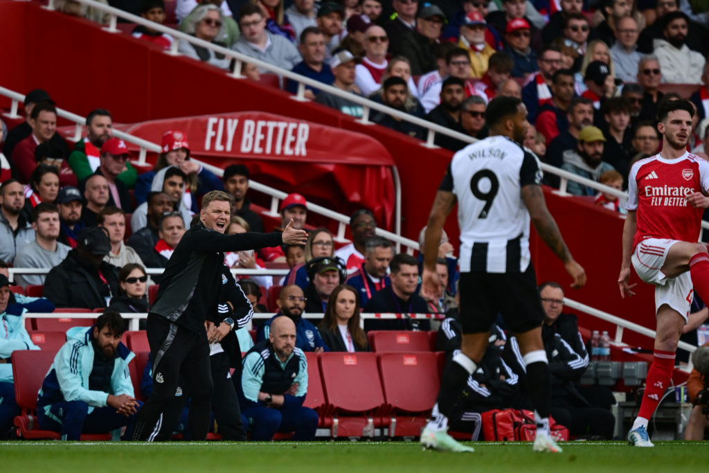Newcastle United manager Eddie Howe gestures from the sidelines during the Magpies' Premier League game against Arsenal.