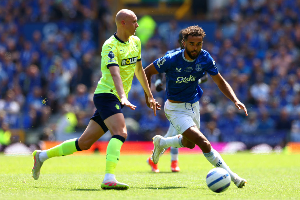 Dominic Calvert-Lewin playing for Everton during their final game at Goodison Park.