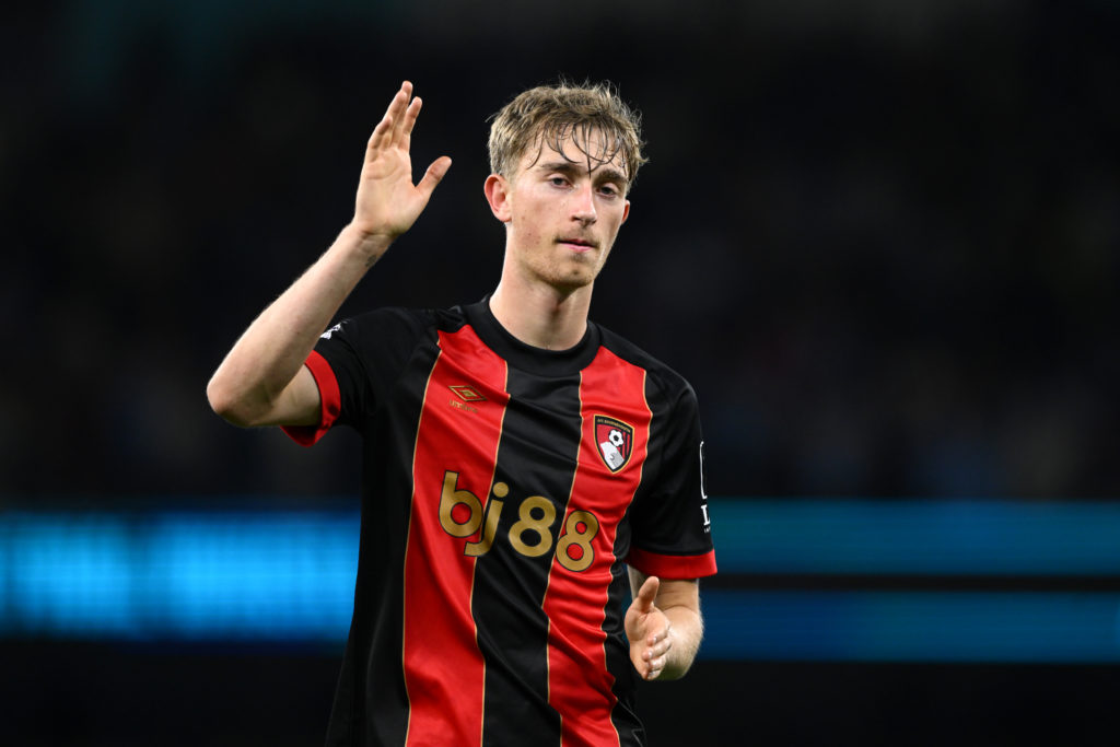 Dean Huijsen waves at the Bournemouth fans after losing against Manchester City in the Premier League.