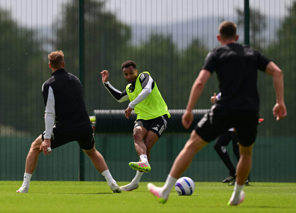 Jacob Murphy passes the ball during a Newcastle United training session.