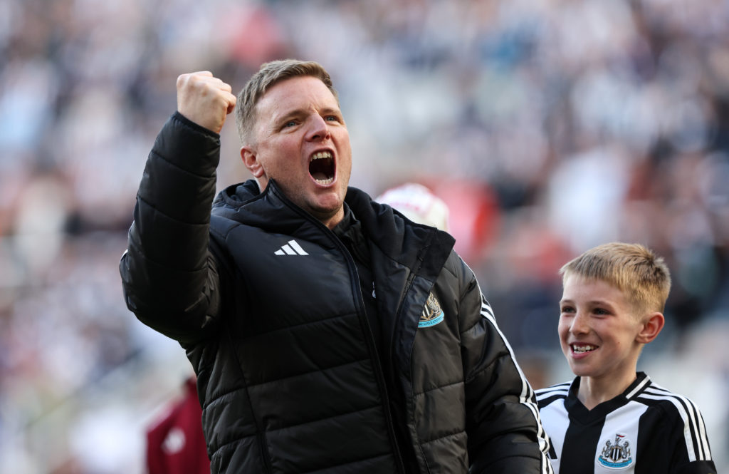 Eddie Howe celebrates after Newcastle United qualify for the Champions League.