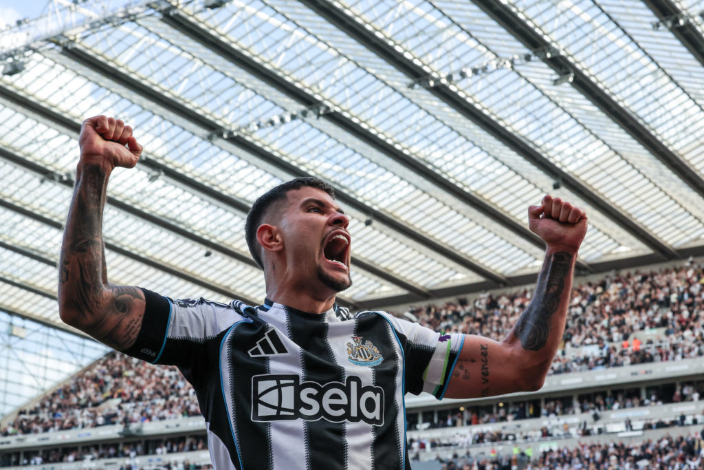 Bruno Guimaraes pumps his arms in celebration at St. James' Park.