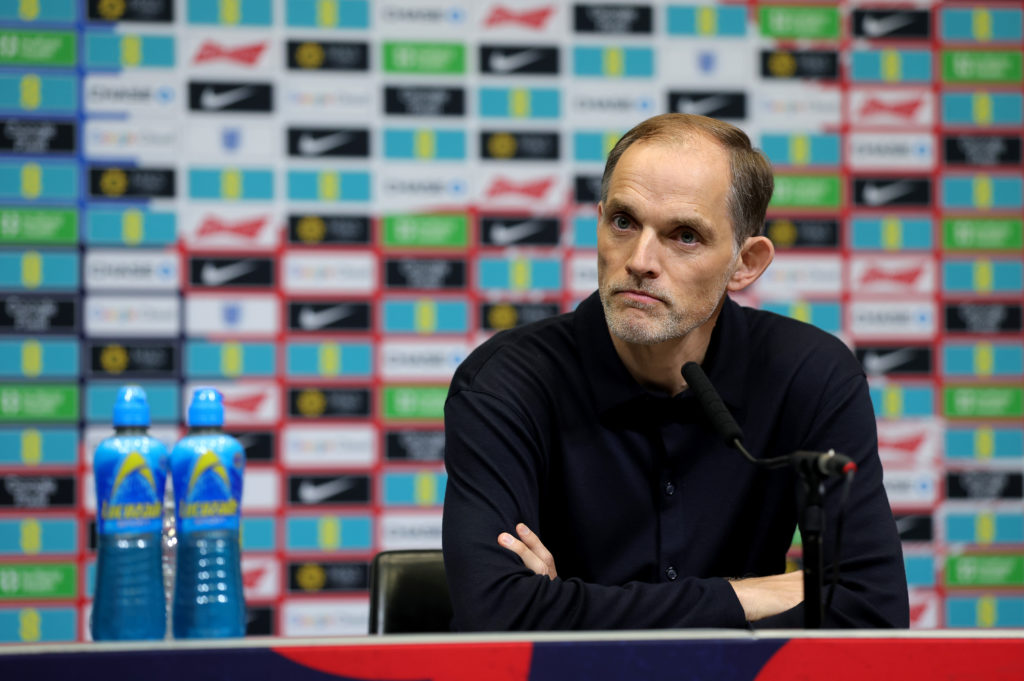 England manager Thomas Tuchel looks on during a press conference.