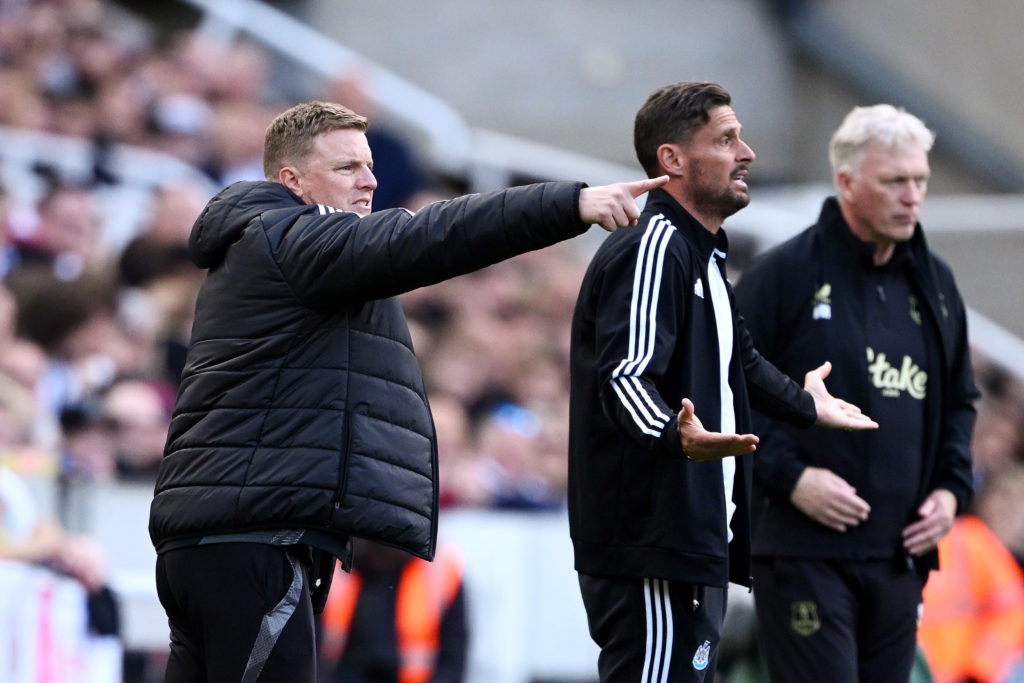 Newcastle United manager Eddie Howe and Jason Tindall on the touchline at St James' Park.