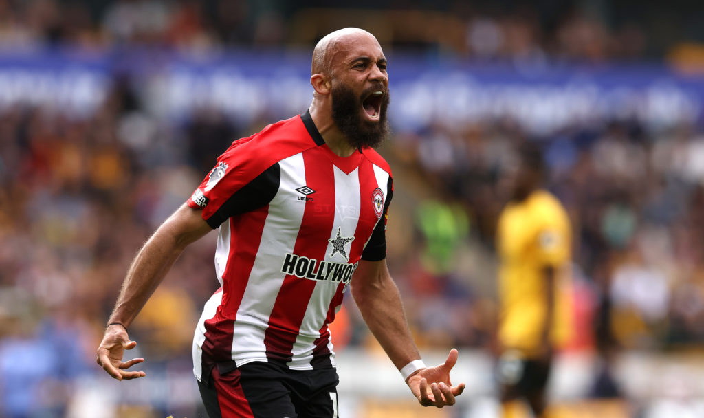 Bryan Mbeumo celebrates scoring for Brentford against Wolves in the Premier League.