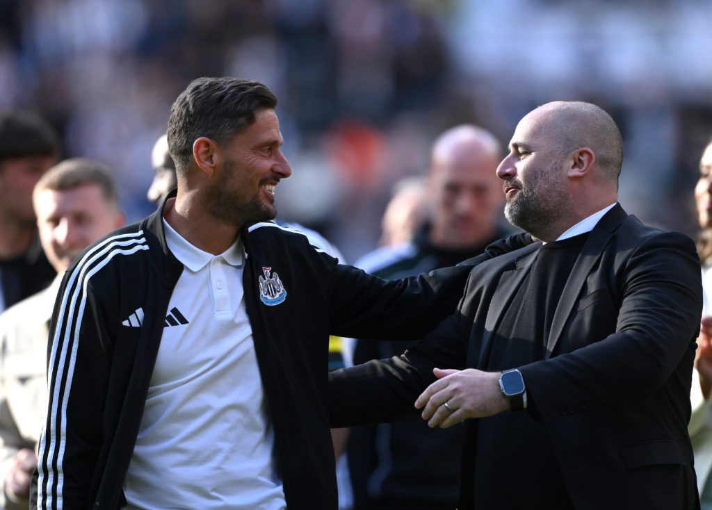 Paul Mitchell speaks to Jason Tindall after Newcastle United qualify for the Champions League.