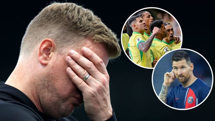 Eddie Howe, Manager of Newcastle United, reacts following the Premier League match between Newcastle United and Aston Villa. Inset 1, Raphinha of B...