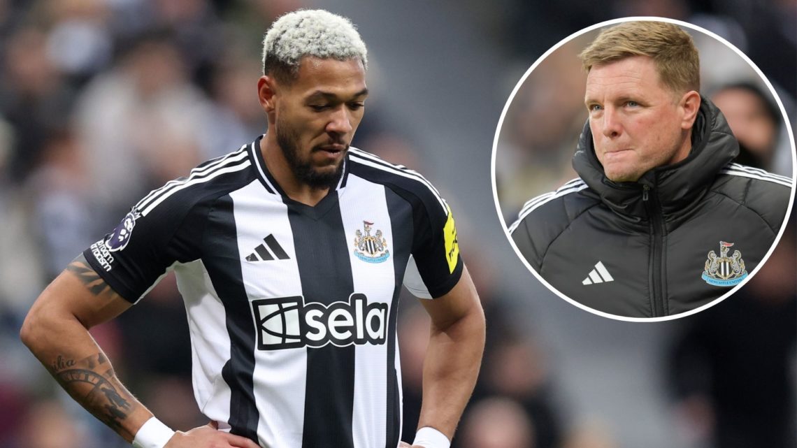 Joelinton of Newcastle United looks on during the Premier League match between Newcastle United FC and Crystal Palace. Inset, Newcastle United's Ma...