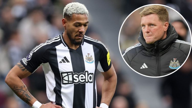Joelinton of Newcastle United looks on during the Premier League match between Newcastle United FC and Crystal Palace. Inset, Newcastle United's Ma...