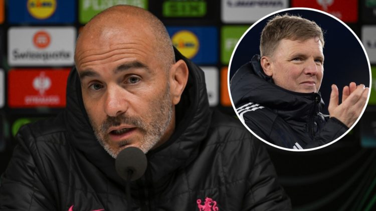 Head Coach Enzo Maresca of Chelsea during a training session and press conference. Inset, Eddie Howe acknowledges the fans after the Premier League...