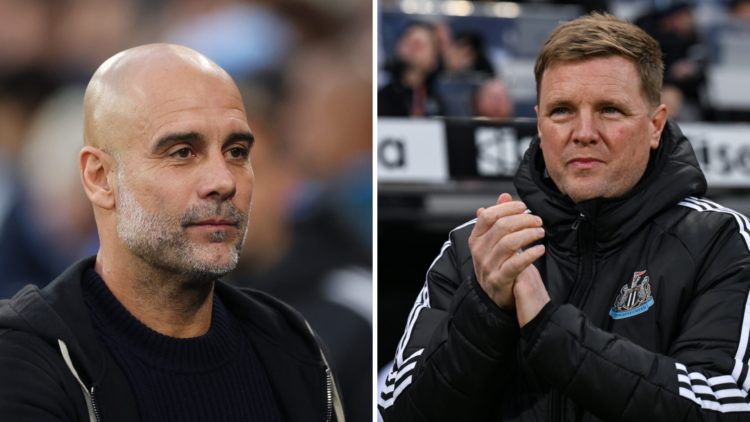 Manchester City manager Pep Guardiola. Newcastle United manager Eddie Howe.