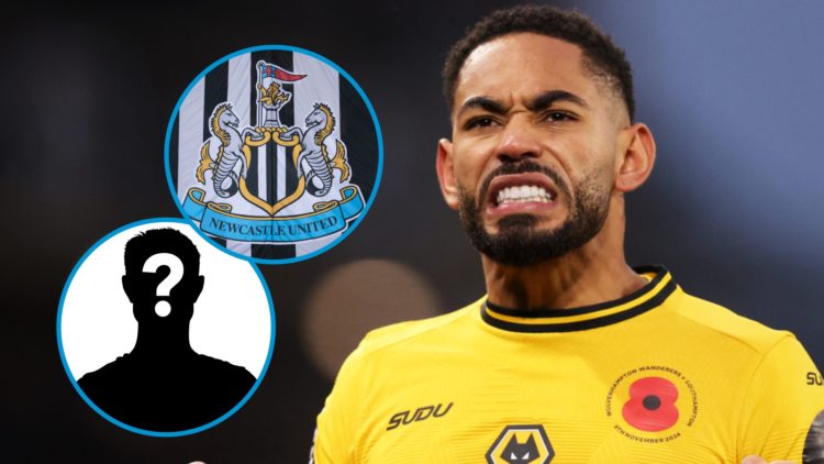 Matheus Cunha celebrates playing for Wolves, Newcastle United badge on a flag, mystery player