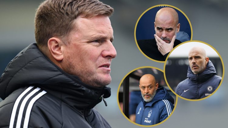Newcastle United manager Eddie Howe watches a game. Insets: Pep Guardiola (top), Enzo Maresca (middle), Nuno Espirito Santo (bottom).