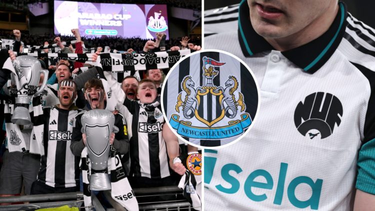 Newcastle United fans at Wembley, Newcastle United's third kit, Newcastle United badge on a flag