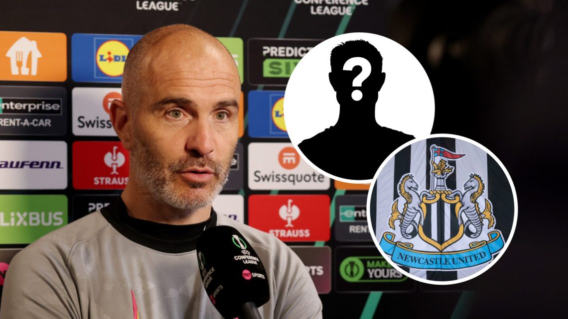 Chelsea manager Enzo Maresca being interviewed, Newcastle United badge on a flag, mystery player