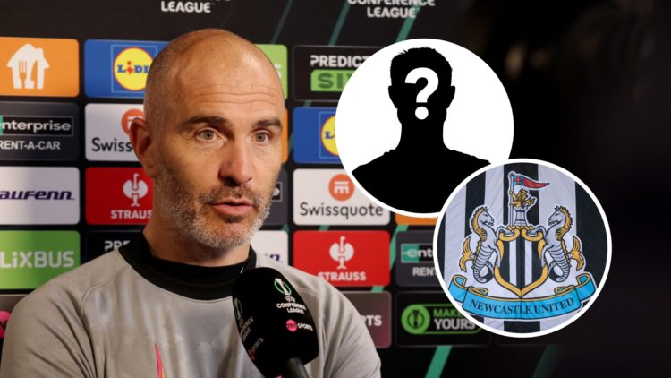 Chelsea manager Enzo Maresca being interviewed, Newcastle United badge on a flag, mystery player
