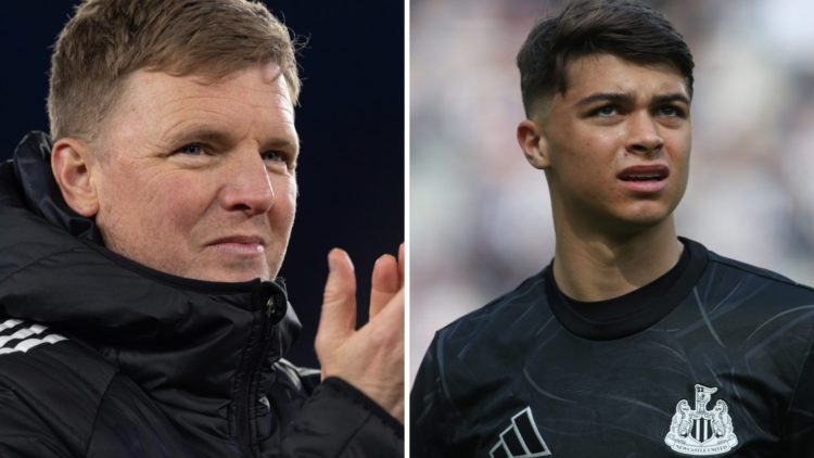 Eddie Howe celebrates after Newcastle United beat Leicester. Lewis Miley warming up for Newcastle United.
