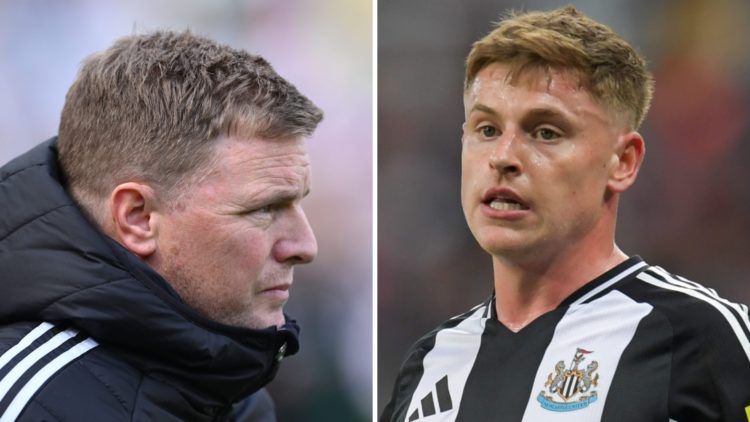 Newcastle United manager Eddie Howe. Harvey Barnes playing for Newcastle United.