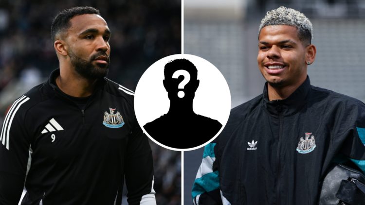 Split image: Callum Wilson warms up for a Newcastle United match (L). William Osula wearing a Newcastle tracksuit. Inset: Mystery figure.