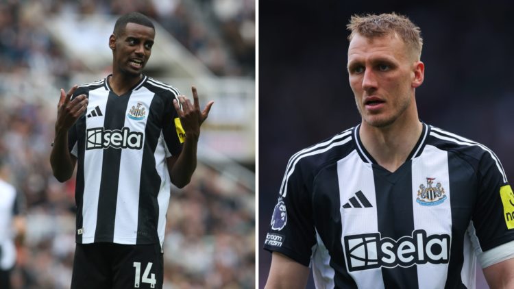 Alexander Isak of Newcastle United plays during the Premier League match between Newcastle United and Ipswich Town. Dan Burn of Newcastle United du...