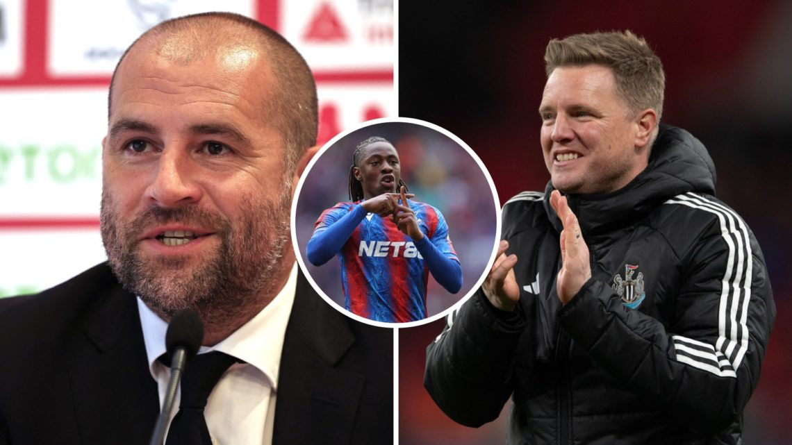 Paul Mitchell speaks during a Monaco press conference. Eberechi Eze playing for Crystal Palace. Eddie Howe managing Newcastle United.
