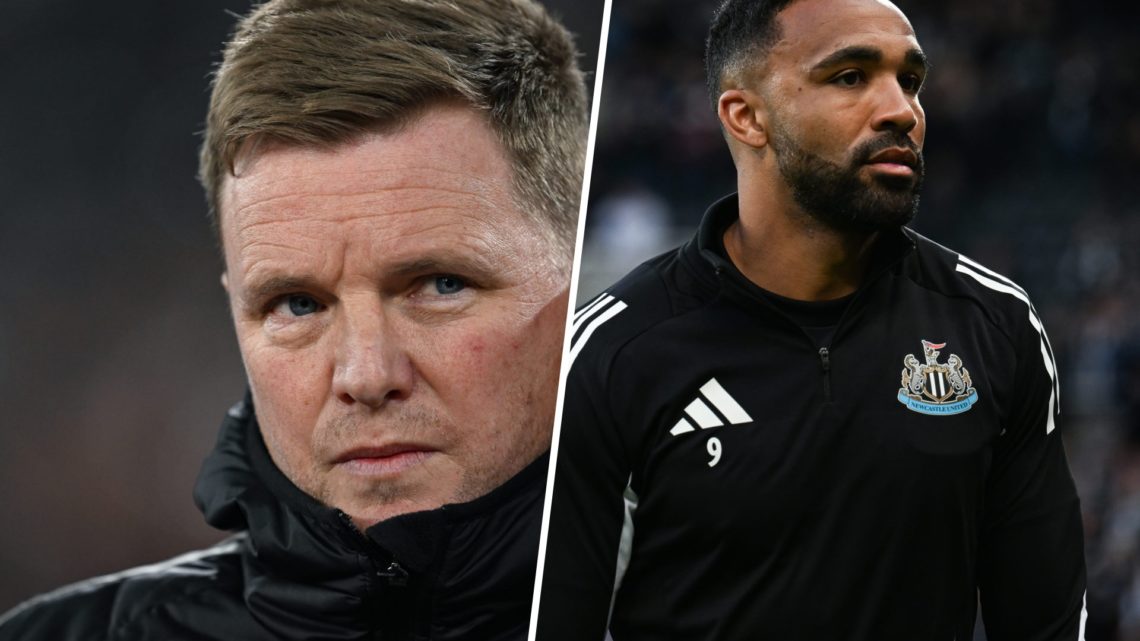 Eddie Howe managing Newcastle United. Callum Wilson warming up for Newcastle United.