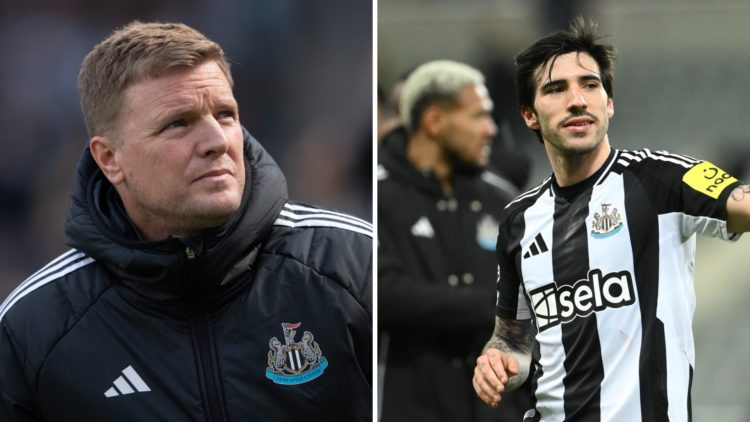 Newcastle United manager Eddie Howe. Sandro Tonali playing for Newcastle United.