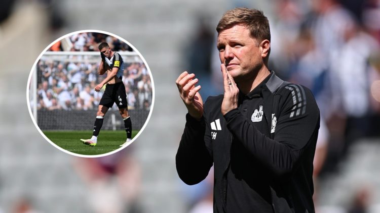 Eddie Howe the head coach / manager of Newcastle United applauds the fans at full time during the Premier League match between Newcastle United FC ...