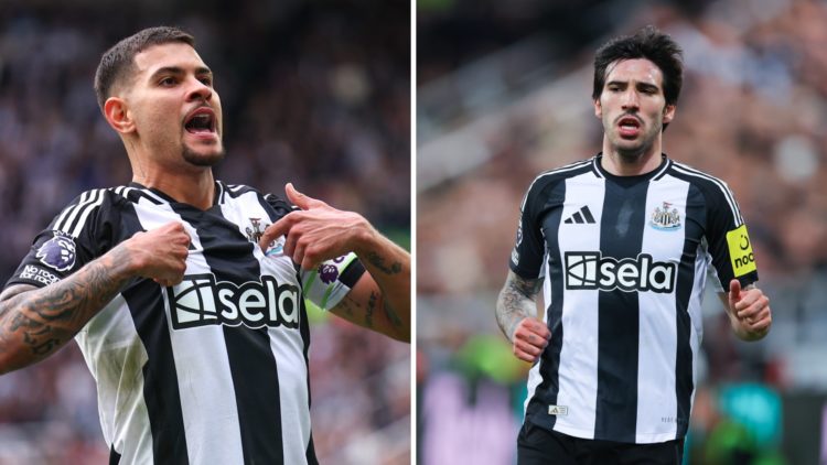 Bruno Guimaraes playing for Newcastle United. Sandro Tonali playing for Newcastle United.