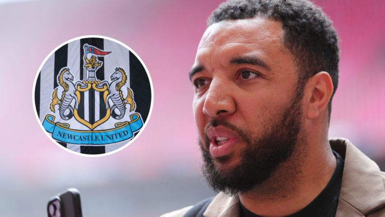 Troy Deeney doing punditry at Wembley, Newcastle United badge on a flag