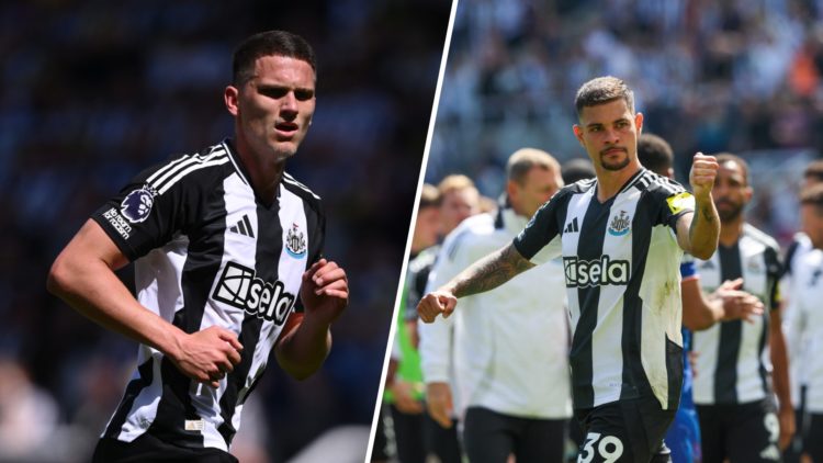 Newcastle United's Bruno Guimaraes celebrates after the Premier League match between Newcastle United FC and Chelsea FC. Sven Botman of Newcastle U...