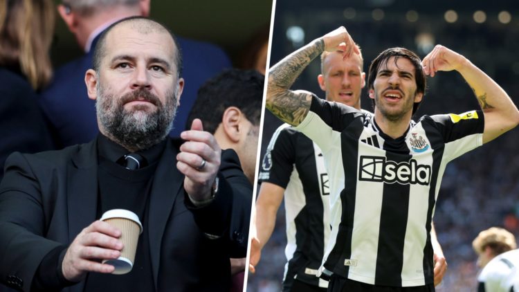 Paul Mitchell watching Newcastle United at Stamford Bridge, Sandro Tonali celebrates after scoring for Newcastle United