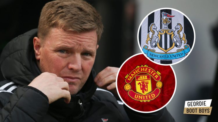 Eddie Howe watching Newcastle United in action, Newcastle United badge on a flag, general photo of Manchester United badge