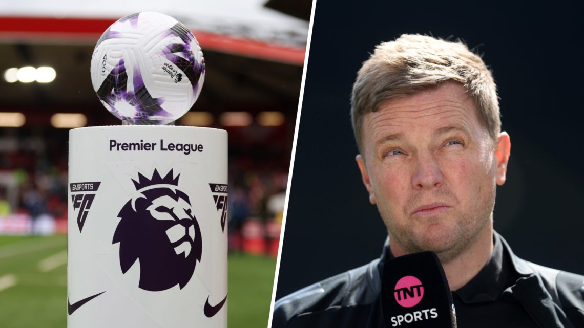 Official Premier League ball on a plinth, Eddie Howe speaks to the media