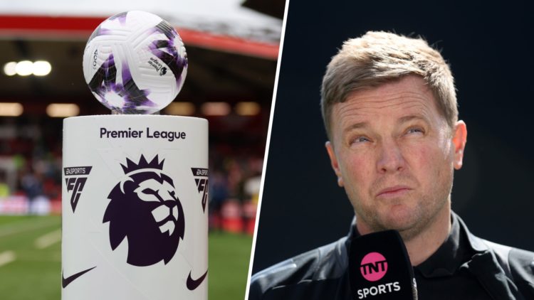 Official Premier League ball on a plinth, Eddie Howe speaks to the media