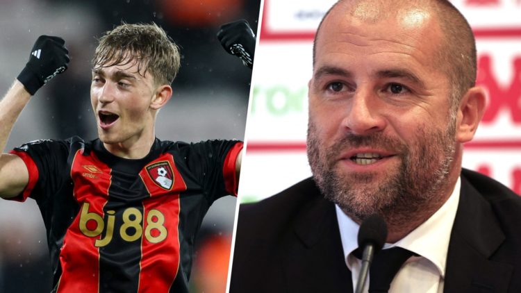 Dean Huijsen celebrates while playing for Bournemouth, Paul Mitchell during a press conference with Monaco