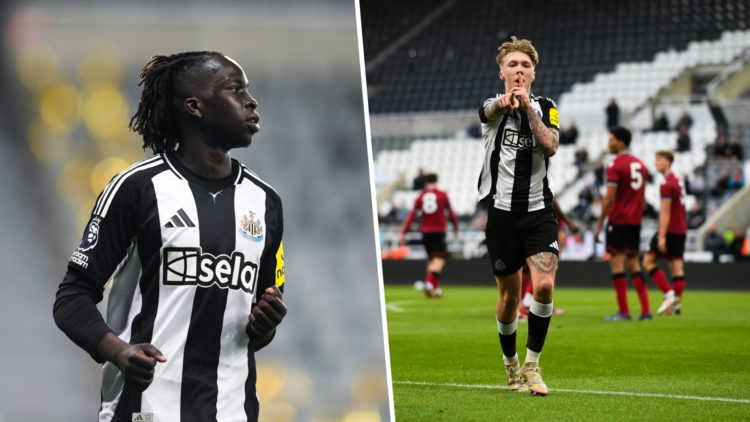Garang Kuol of Newcastle United celebrates scoring Newcastle United's sixth goal of the game during the Premier League 2 match between Newcastle Un...