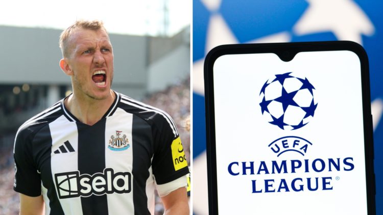 Dan Burn celebrates while playing for Newcastle United, general photo of the Champions League logo