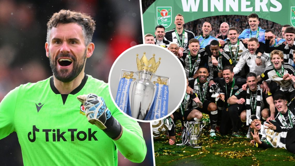 Ben Foster playing for Wrexham, Newcastle United players celebrate winning the Carabao Cup, the Premier League trophy