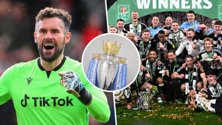 Ben Foster playing for Wrexham, Newcastle United players celebrate winning the Carabao Cup, the Premier League trophy