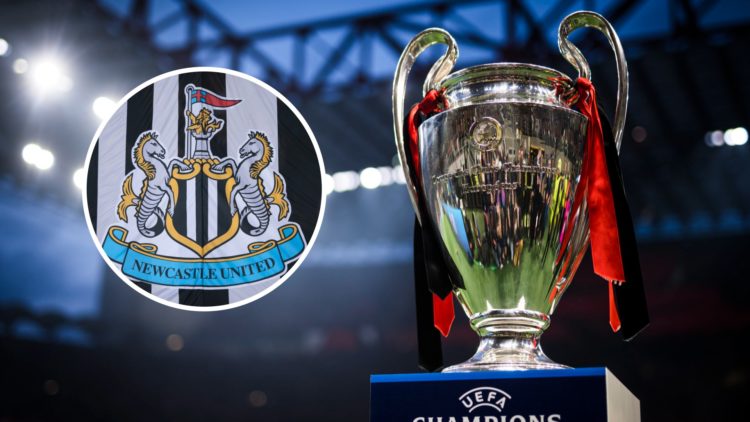 The UEFA Champions League trophy is seen on a plinth prior to the UEFA Champions League semifinal first leg football match between AC Milan and FC ...