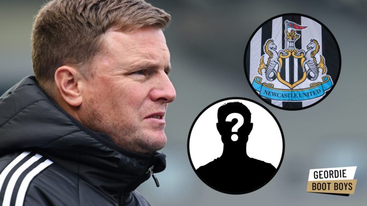 Eddie Howe watching his Newcastle United side, Newcastle United badge on a flag
