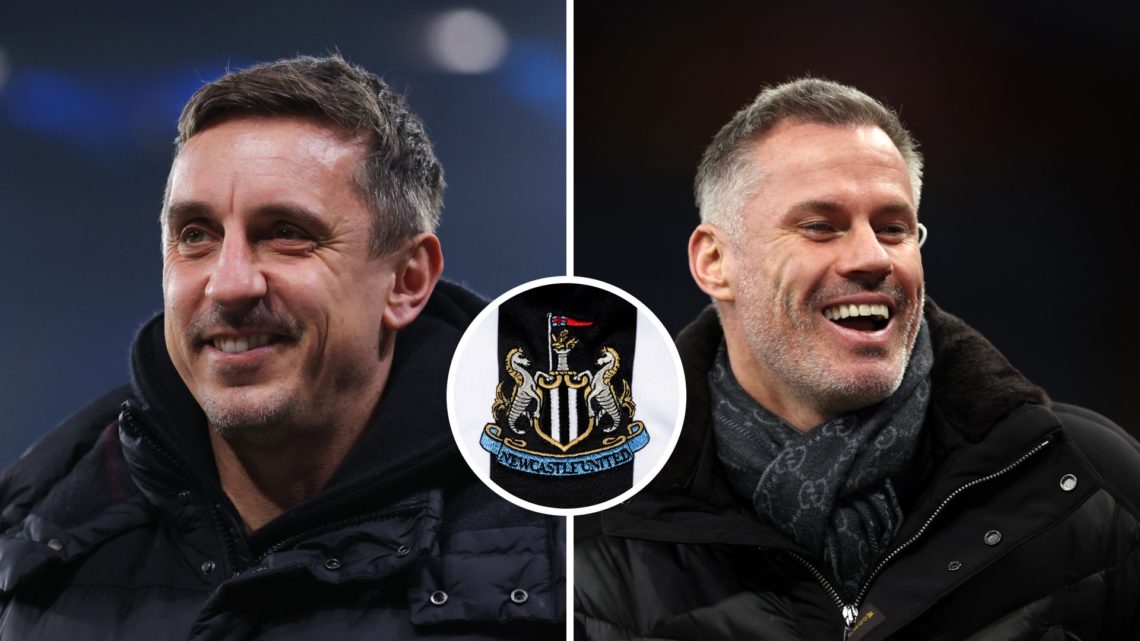 Gary Neville doing punditry, Jamie Carragher doing punditry, Newcastle United club crest