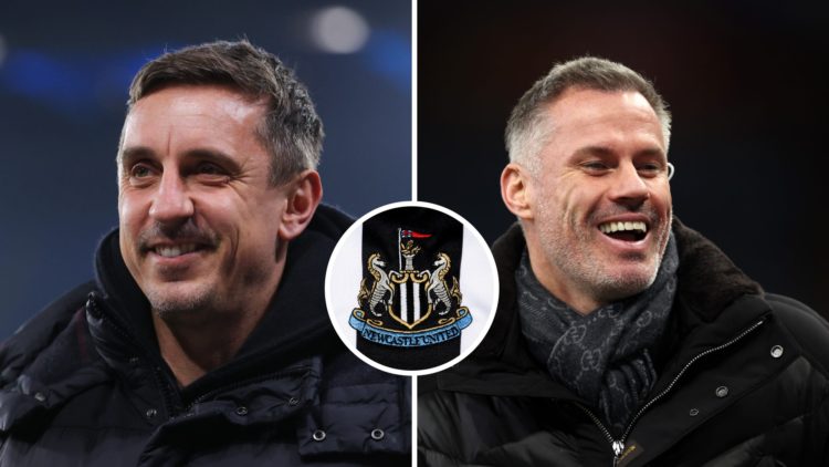 Gary Neville doing punditry, Jamie Carragher doing punditry, Newcastle United club crest