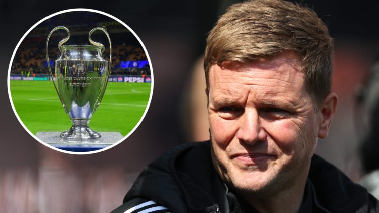 Newcastle United manager Eddie Howe. A general view of the Champions League trophy.