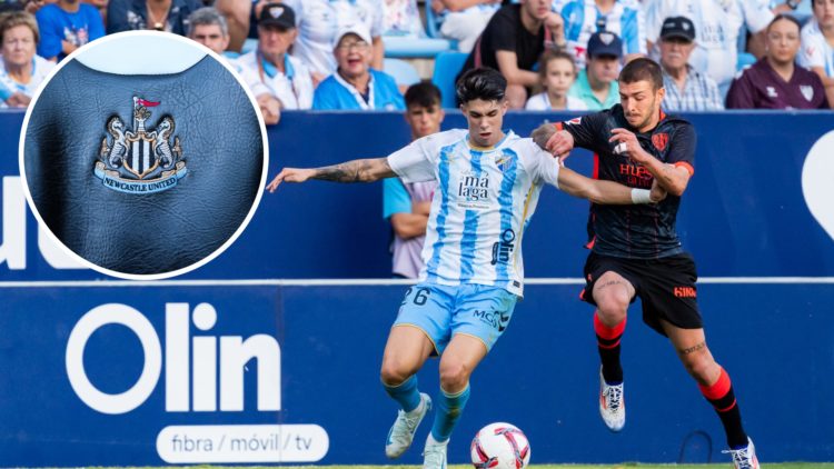 Antonio Cordero playing for Malaga. A general view of the Newcastle United badge.