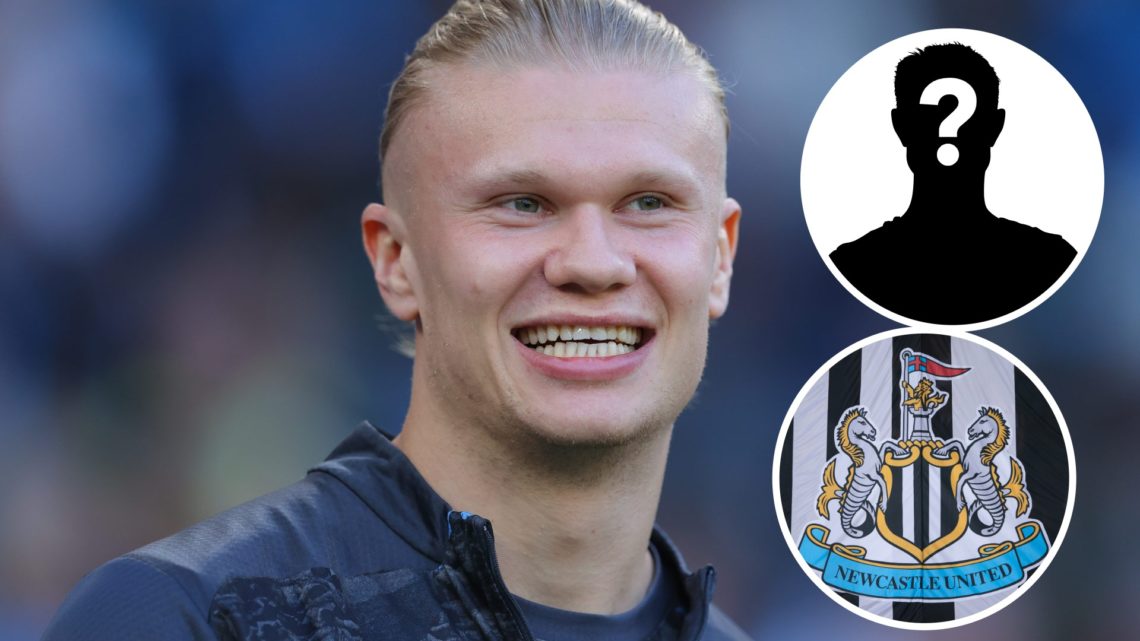 Erling Haaland playing for Manchester City. A general view of the Newcastle United badge.