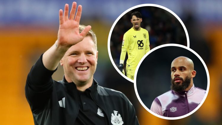 Eddie Howe smiling and waving. Insets: James Trafford spits his tongue out and Bryan Mbeumo.