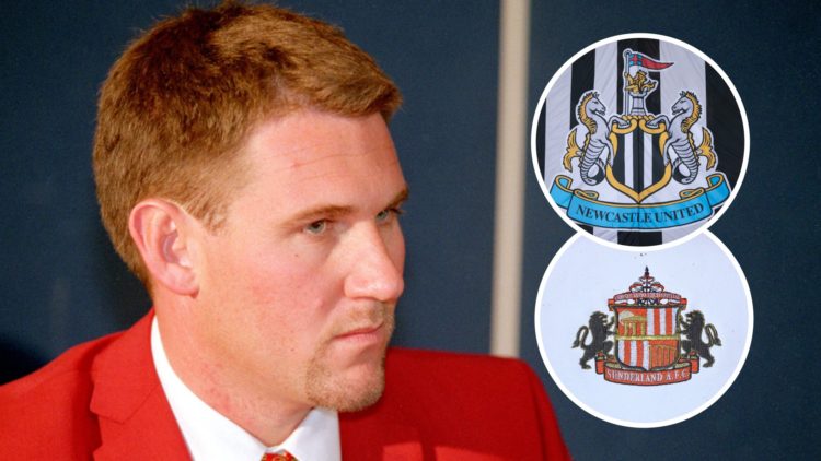 Simon Jordan addresses the media, Newcastle United club badge, Sunderland club badge