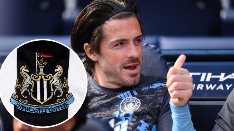 Jack Grealish on the bench for Manchester City. A general image of the Newcastle United badge.